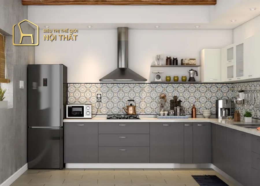 Nội thất nhà bếp giá rẻ - Tổng hợp 20 mẫu tủ bếp rẻ, bền đẹp 23 Mẫu tủ bếp Acrylic hình chữ L toát lên sự hiện đại trẻ trung dành cho không gian phòng bếp rộng.
