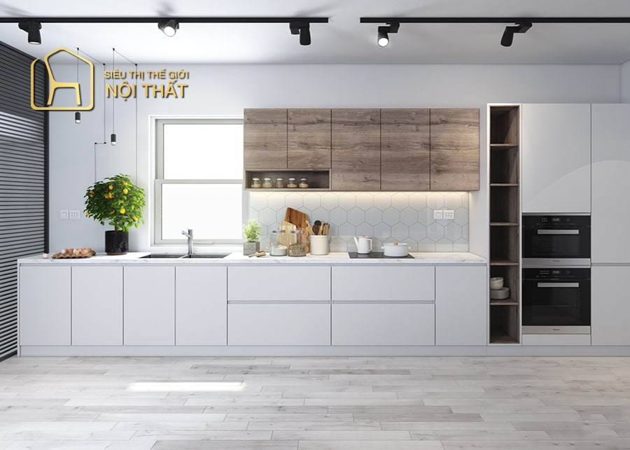 Nội thất nhà bếp giá rẻ - Tổng hợp 20 mẫu tủ bếp rẻ, bền đẹp 22 Mẫu tủ bếp Picomat chữ I có tông màu trắng mang lại không gian nấu ăn có diện tích nhỏ nhưng vẫn thời thượng và hiện đại.