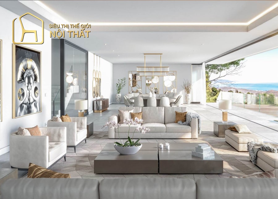 Top 10 mẫu nội thất phòng khách biệt thự hiện đại năm 2022 6 Thiết kế nội thất phòng khách biệt thự hiện đại đơn giản tiện nghi và khéo léo tận dụng ánh sáng tự nhiên để mang lại một không gian thư giãn, thoáng mát