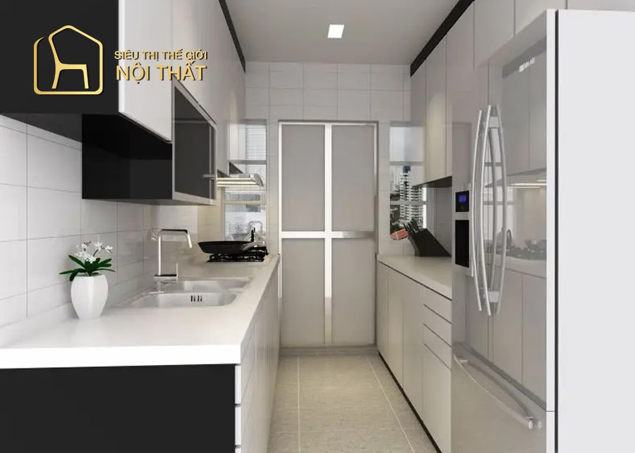 Mẫu thiết kế nội thất nhà bếp nhỏ - mẹo bố trí nhà bếp nhỏ 14 Thiết kế không gian nhà bếp nhỏ sao cho tiện nghi nhất tối ưu công năng sử dụng với tủ bếp kiểu chữ L có thiết kế ô chứa tủ lạnh gọn gàng