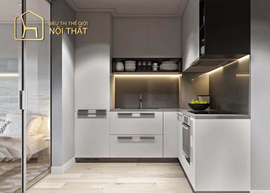 Mẫu thiết kế nội thất nhà bếp nhỏ - mẹo bố trí nhà bếp nhỏ 16 Không gian nấu ăn sử dụng kiểu tủ bếp chữ U lạ mắt, với thiết kế nhiều ngăn tủ để tăng khả năng chứa dụng cụ bếp, giúp không gian gọn gàng, thoáng đãng