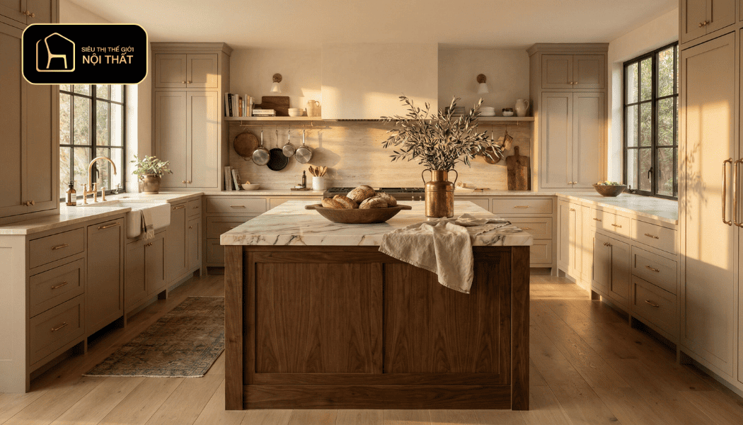 Mẫu tủ bếp cánh kính màu Trà _ Màu Khói (Trend 2026)