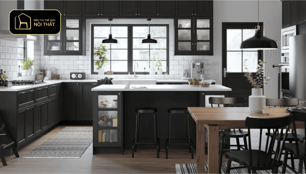 Mẫu tủ bếp cánh kính màu trơn (Trắng, Kem, Đen)