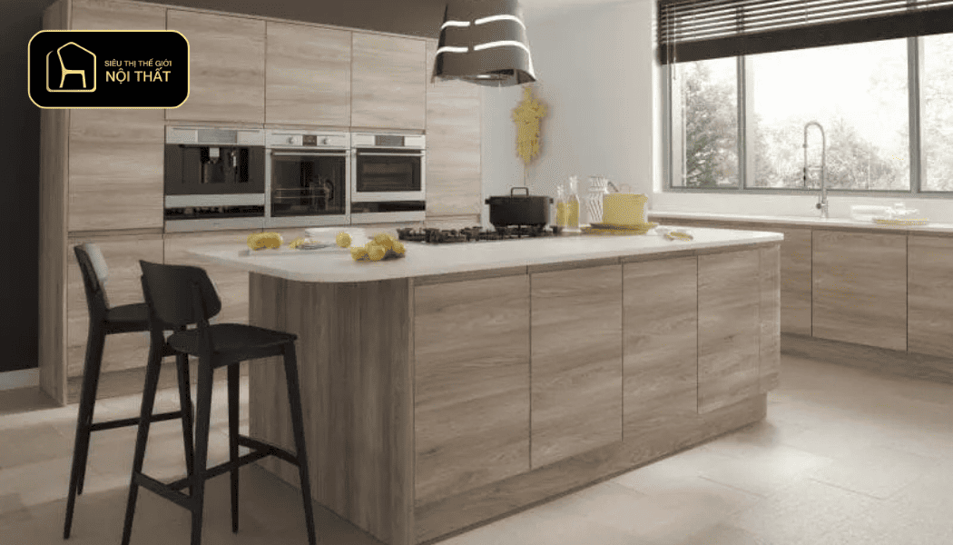 Mẫu tủ bếp cánh kính vân gỗ _ vân đá