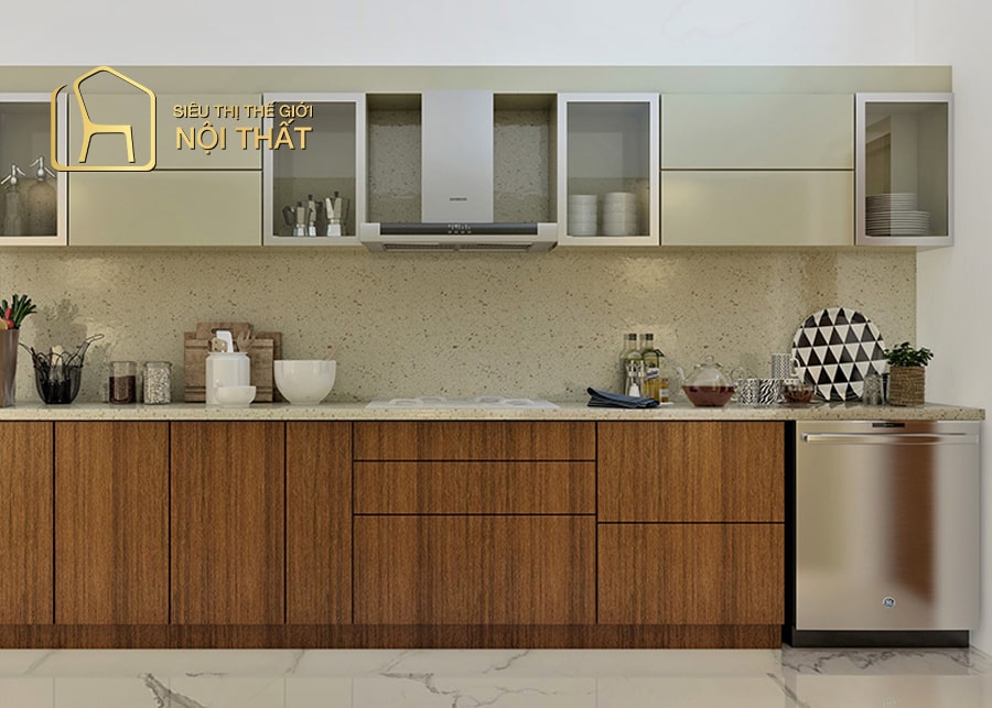 Top 15 mẫu tủ bếp treo tường đẹp nhất năm 2022 18 Tủ bếp inox cánh kính gam trắng nâu cùng sắc gỗ tự nhiên