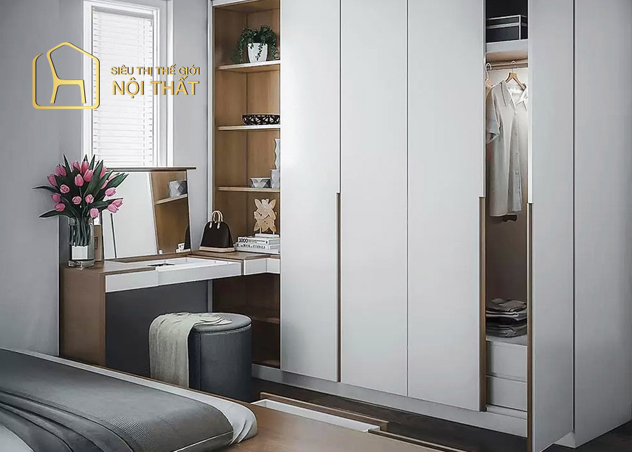 Tủ quần áo kết hợp bàn trang điểm có đặc điêm gì, có nên sử dụng? 12 Mẫu thiết kế tủ quần áo kết hợp bàn trang điểm và kệ sách