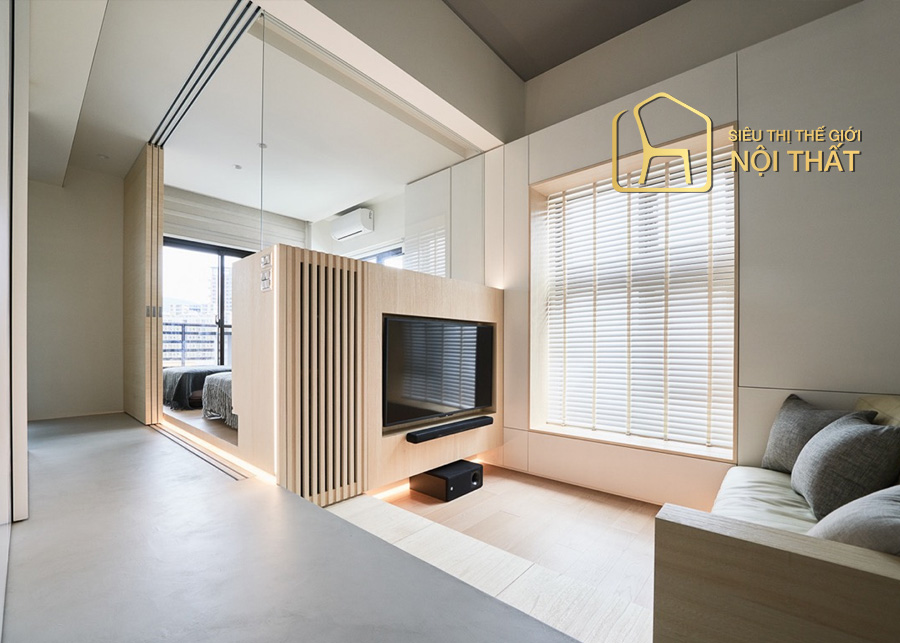 Mẫu nội thất phòng khách Nhật Bản đơn giản cùng tone trắng chủ đạo tạo nên không gian ấm cúng