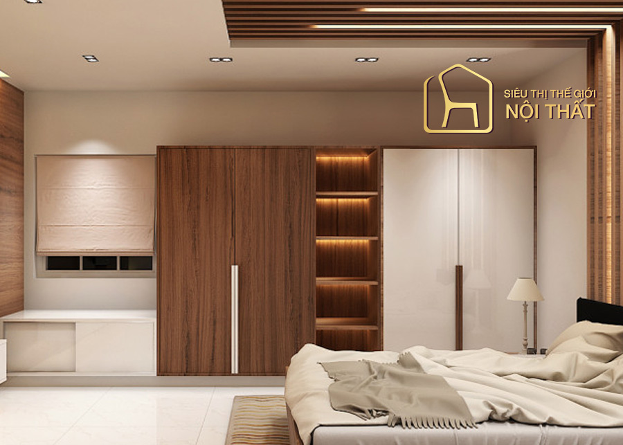 Tổng hợp 12 các mẫu tủ quần áo gỗ công nghiệp đẹp mắt nhất năm 2022 15 Tủ quần áo gỗ công nghiệp 3 cánh với nhiều ngăn kệ trang trí không cánh tận dụng làm kệ trưng bày túi xách, đồ trang trí vô cùng sang trọng