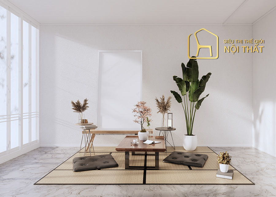 Không giản nội thất Nhật Bản tối giản cùng đồ nội thất gỗ tự nhiên và thảm ngồi nơi bàn trà