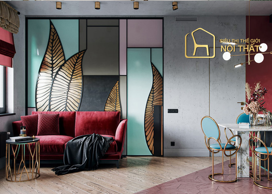 Mọi thứ A - Z về phong cách nội thất Art Deco trong thiết kế nội thất 28 Phòng ngủ kiến trúc Art Deco sử dụng phụ kiện lớn hình chiếc lá độc đáo cùng màu đỏ của bộ ghế sofa cho không gian thêm ấm áp