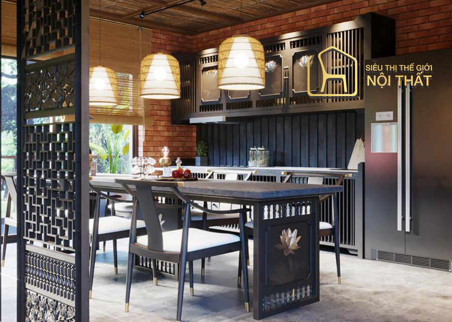 Phong cách thiết kế nội thất Indochine Đông Dương- Bản giao hưởng đặc sắc cổ điển 17 Mẫu bếp phong cách Indochine có kệ tủ và ốp đá xanh