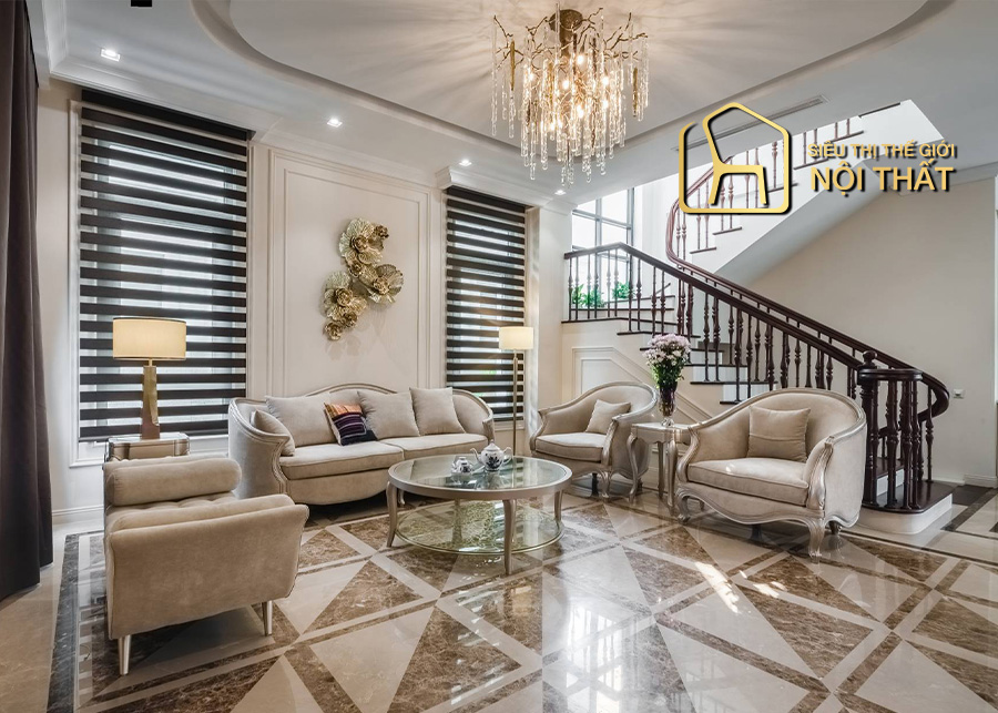 Chọn gạch ốp cho phòng khách tân cổ điển thế nào? 6 Nên chọn thiết kế, tone màu gạch ốp tôn lên không gian sang trọng, quý phái phòng khách tân cổ điển