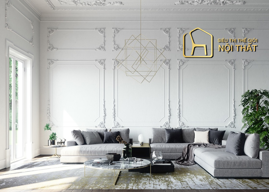 Chọn gạch ốp cho phòng khách tân cổ điển thế nào? 14 Phòng khách tân cổ điển mang hơi hướng châu Âu hiện đại, sử dụng gạch vân đá tone màu kem chủ đạo