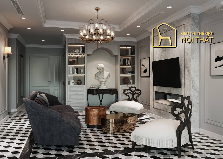 Chọn gạch ốp cho phòng khách tân cổ điển thế nào? 17 Phòng khách tân cổ điển kích thước vừa phải nhưng trang hoàng cực lộng lẫy, bắt mắt