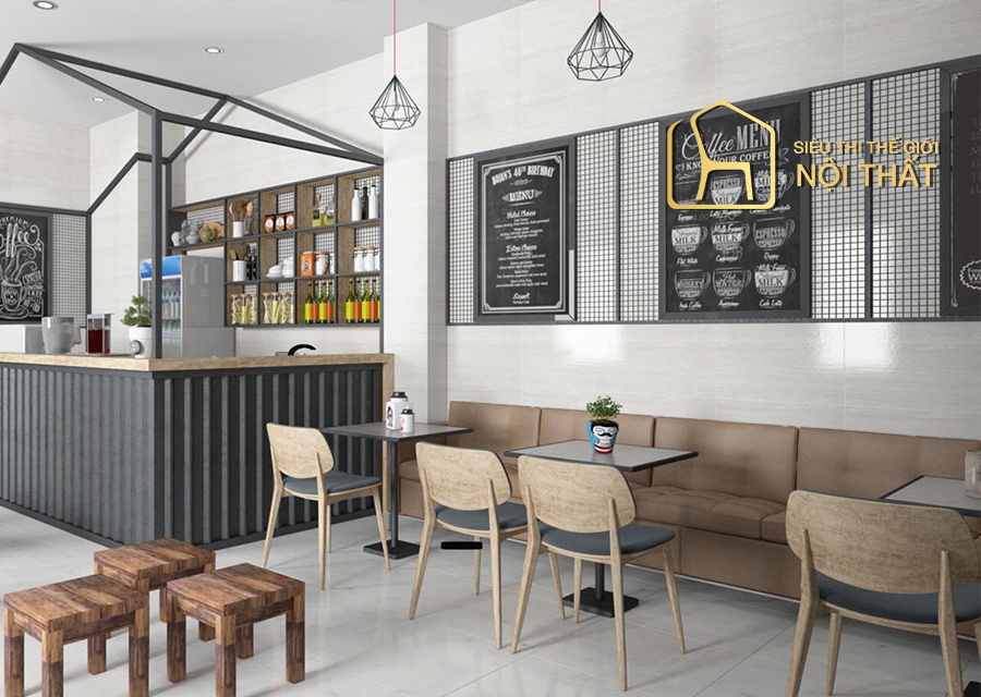 Mẫu thiết kế quán cafe phong cách Scandinavian đẹp hài hòa, hút mắt 16 Mảng tường trắng, nền nhà xám lạnh, khung cửa kính viền kim loại