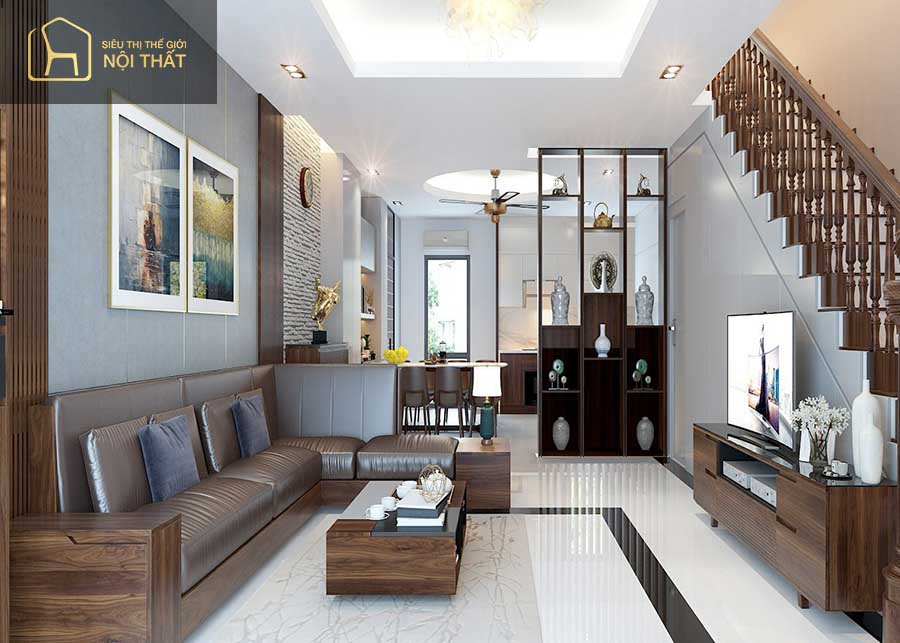Kinh nghiệm chọn đồ nội thất cho nhà ống hiện đại, ấn tượng 2022 6 Thiết kế phòng khách nối liền với phòng bếp