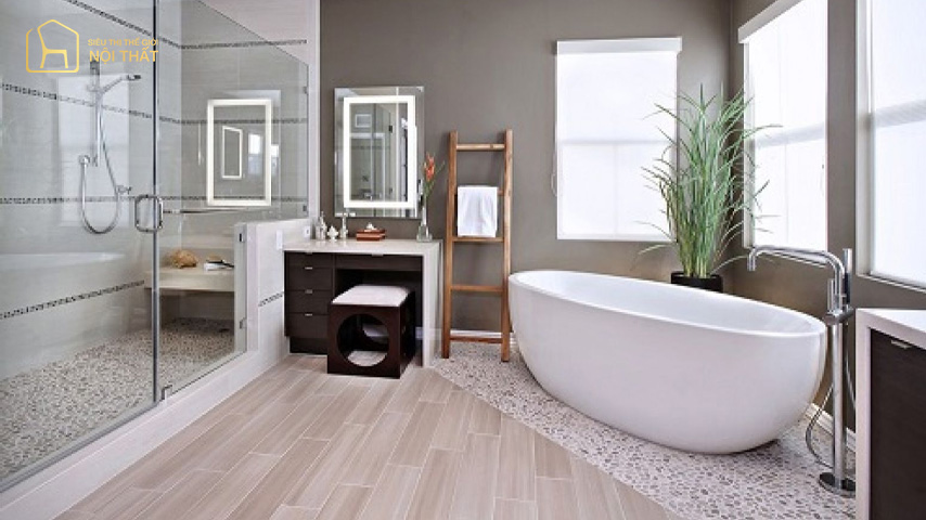 Gạch nền nhà vệ sinh giả gỗ đem lại sự ấm cúng, cổ điển và sang trọng