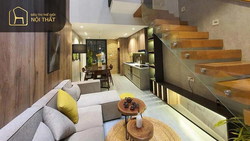Mẫu phòng khách đẹp có cầu thang gỗ có màu sắc tương phản với màu căn phòng tạo sự nổi bật Mẫu phòng khách đẹp có cầu thang gỗ có màu sắc tương phản với màu căn phòng tạo sự nổi bật