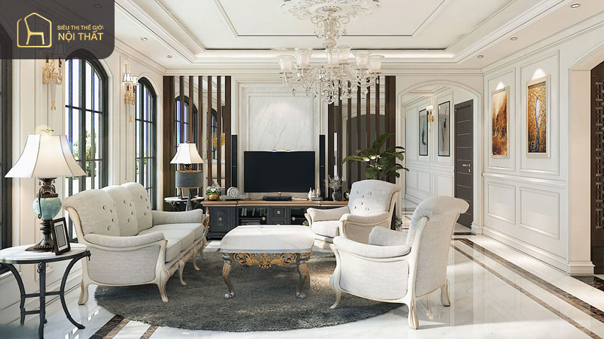 Mẫu phòng khách 30m2 phong cách Tân cổ điển lộng lẫy Mẫu phòng khách 30m2 phong cách Tân cổ điển lộng lẫy