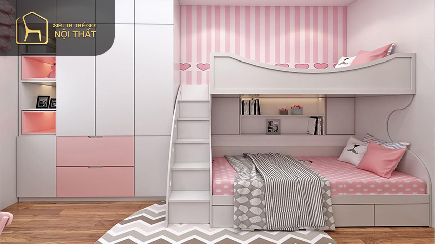 Với mẫu phòng ngủ cho 4 bé gái thì bố trí giường tầng là lựa chọn hợp lý Với mẫu phòng ngủ cho 4 bé gái thì bố trí giường tầng là lựa chọn hợp lý