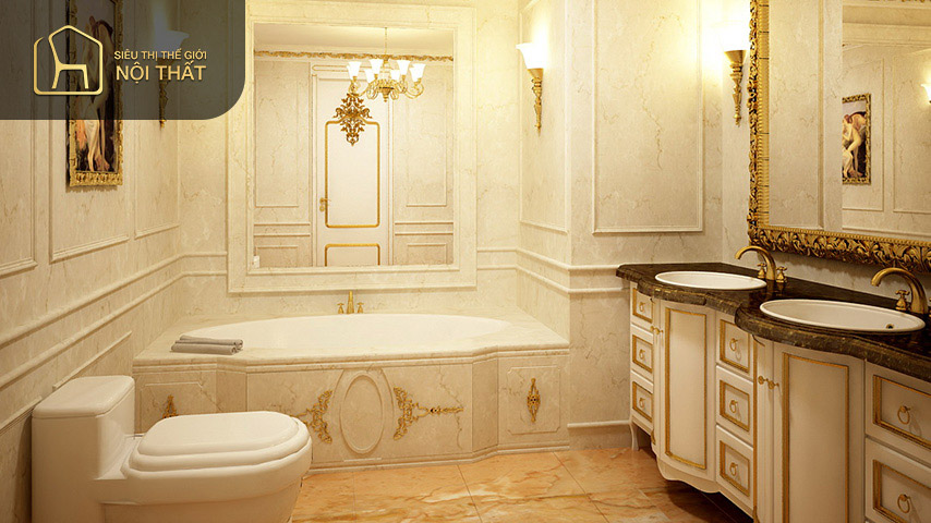 Thiết kế nội thất chung cư theo phong cách cổ điển cho phòng tắm kết hợp đèn chùm đem đến sự lộng lẫy cho nhà tắm