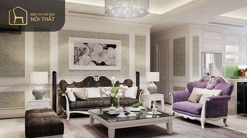 Thiết kế nội thất tân cổ điển chung cư sử dụng nhiều đồ nội thất hiện đại tạo sự nhẹ nhàng cho căn phòng