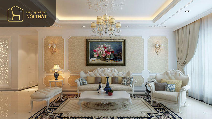 Thiết kế nội thất chung cư phong cách cổ điển cho phòng khách đem đến sự sang trọng, lộng lẫy và tiện nghi