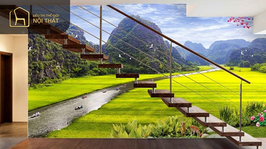 Những ý tưởng trang trí tường cầu thang cực đẹp và sang trọng 10 Trang trí vách tường cầu thang đẹp bằng tranh 3D là cách tạo điểm nhấn được nhiều gia đình lựa chọn