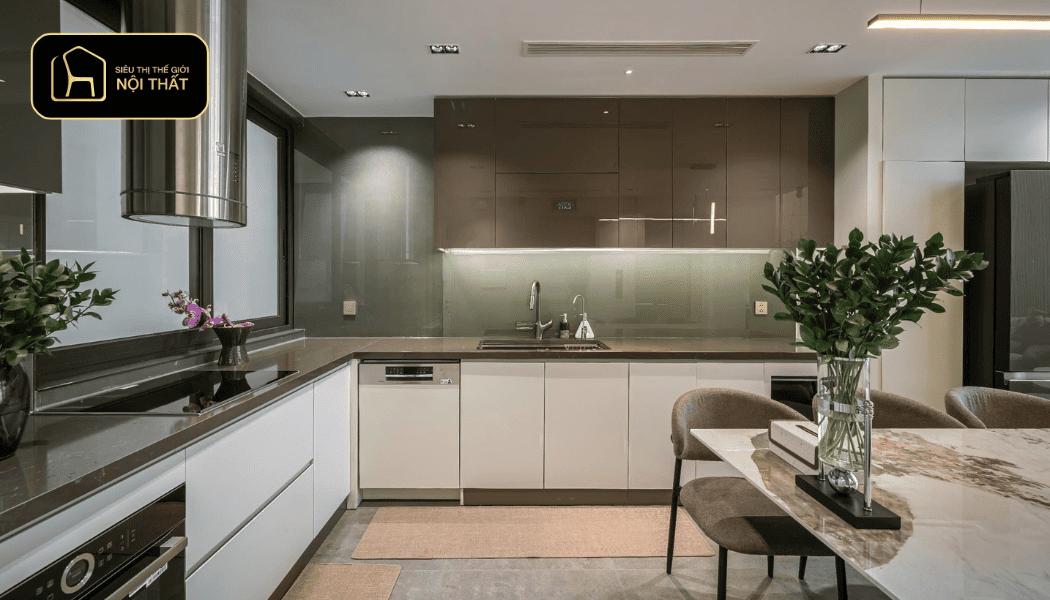 Tủ bếp Acrylic chữ L (Tối ưu góc chết)