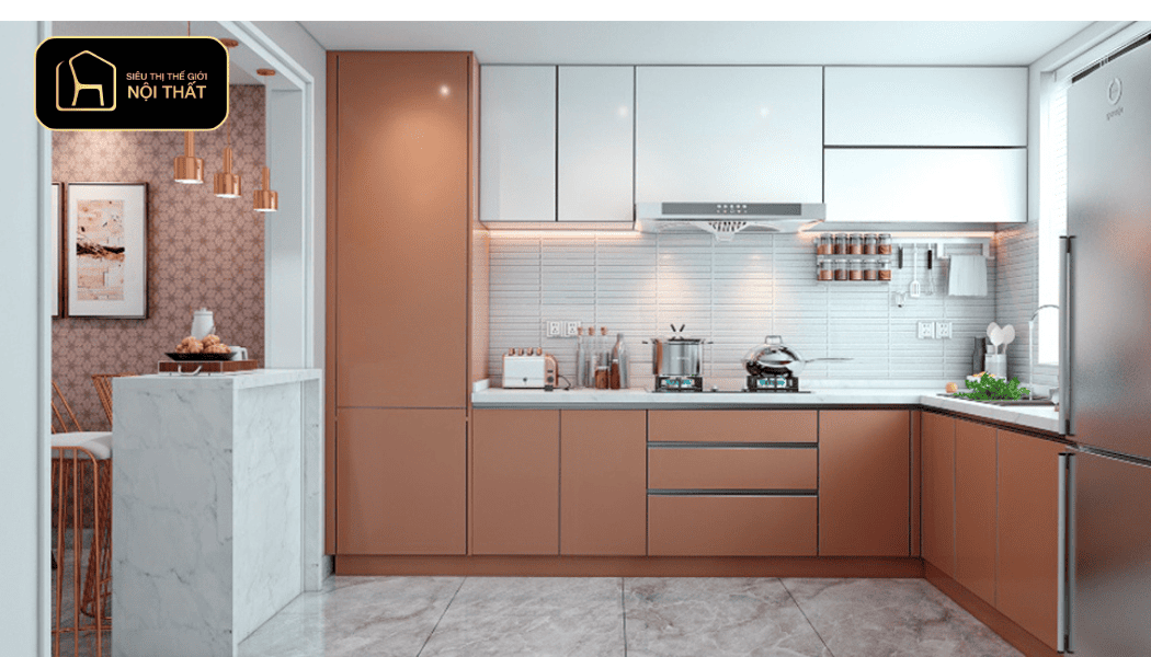 Tủ bếp Acrylic dán cạnh có đường line