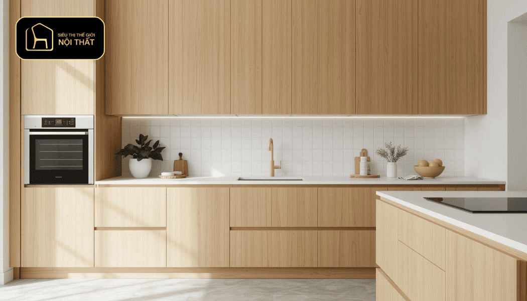 Tủ bếp Acrylic kết hợp Laminate vân gỗ