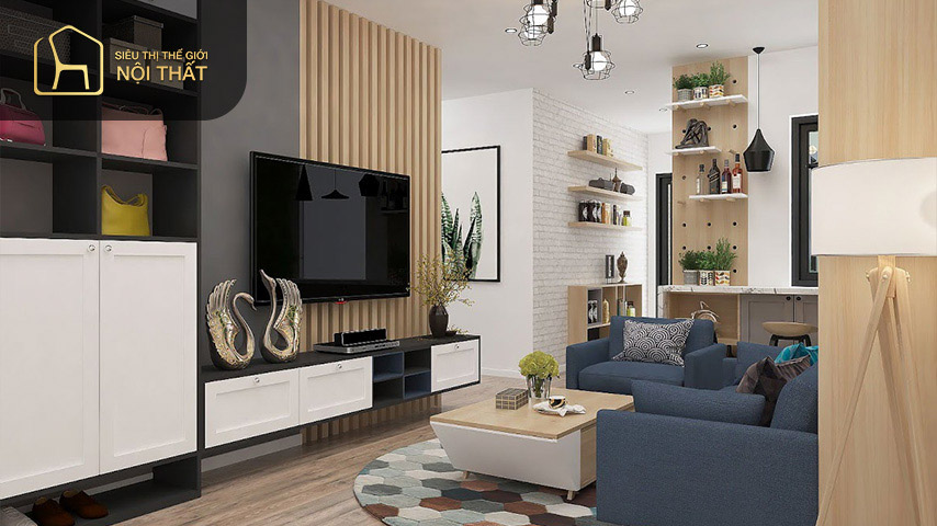 Moderne dekorative Wohnzimmerregale aus Industrieholz können mit Farbe gestrichen werden, um die Ästhetik zu erhöhen
