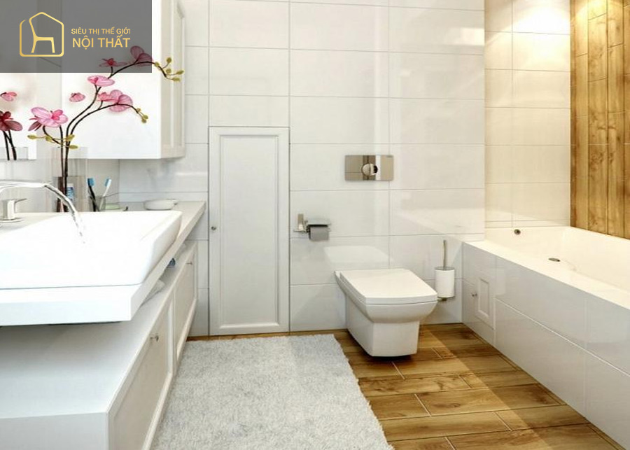 Tone màu trắng chủ đạo làm cho thiết kế phòng tắm 4m2 được thông thoáng, mở rộng hơn