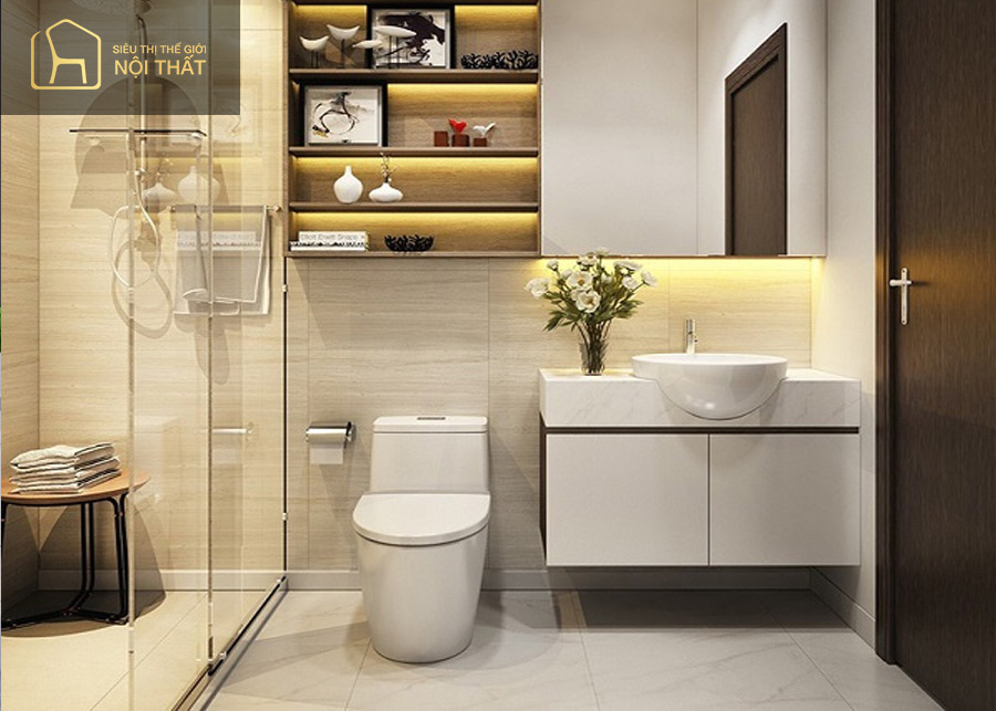 Tủ đựng kết hợp gương phòng tắm và chậu rửa độc đáo đang là xu hướng trong thiết kế nhà tắm 4m2
