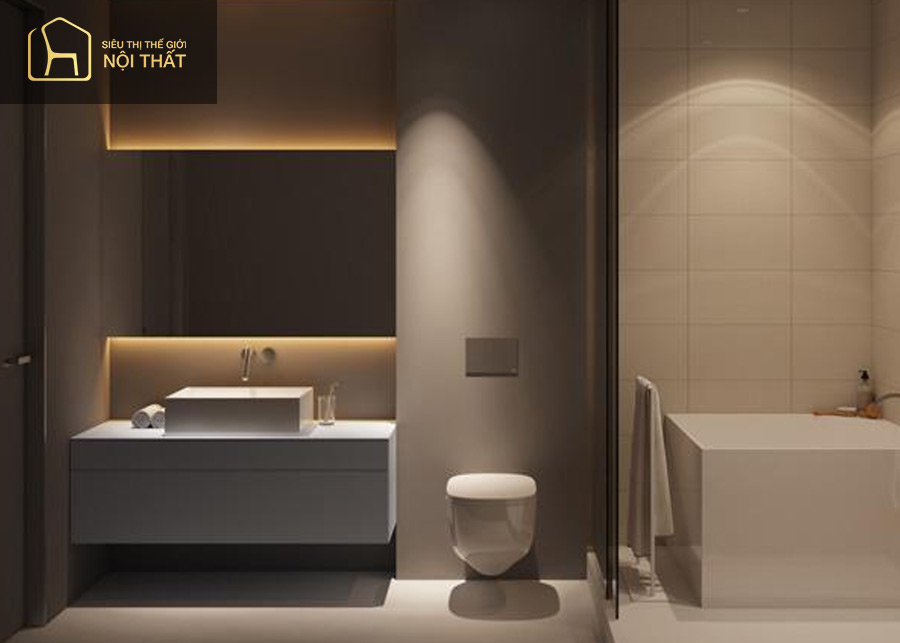 Bồn tắm kiểu Nhật và tone màu trầm ấm tạo nét hiện đại và tiện nghi cho mẫu thiết kế