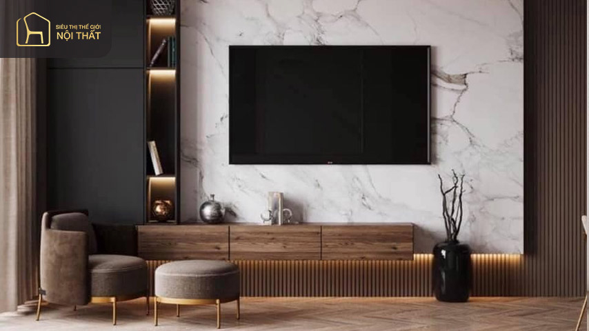Top 15+ mẫu vách tivi phòng khách hot nhất 2023 12 Mẫu vách tivi đẹp bằng nhựa giả gỗ vân đá