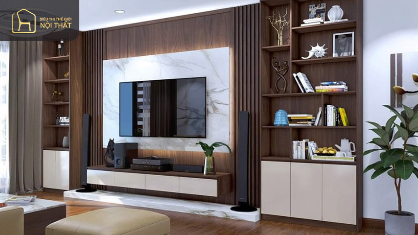 Top 15+ mẫu vách tivi phòng khách hot nhất 2023 15 Vách tivi phòng khách hiện đại làm bằng chất liệu gỗ công nghiệp
