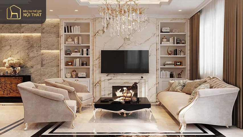 Top 15+ mẫu vách tivi phòng khách hot nhất 2023 8 Mẫu vách tivi phòng khách đẹp được thiết kế tân cổ điển đặc trưng bởi sự xa hoa