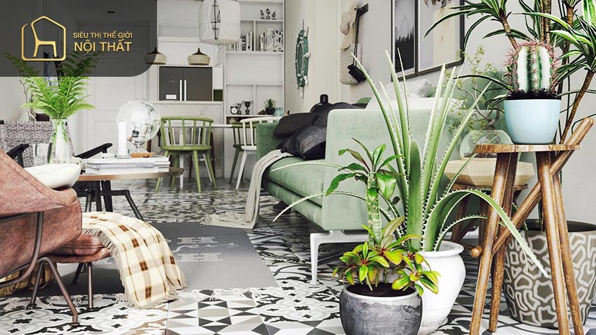 Vintage là gì? Đặc trưng phong cách nội thất Vintage 11 Thiết kế nội thất Vintage có thể tạo thêm điểm nhấn bằng cách thêm cây xanh để trang trí