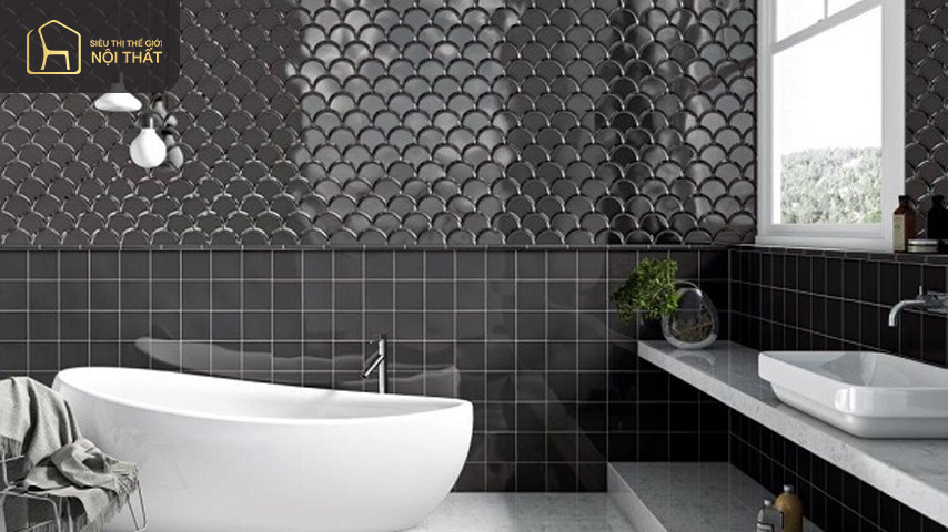25+ Mẫu gạch vảy cá trang trí đẹp nhất hiện nay 4 Bức tường được ốp bằng gạch mosaic vảy cá màu đen ấn tượng