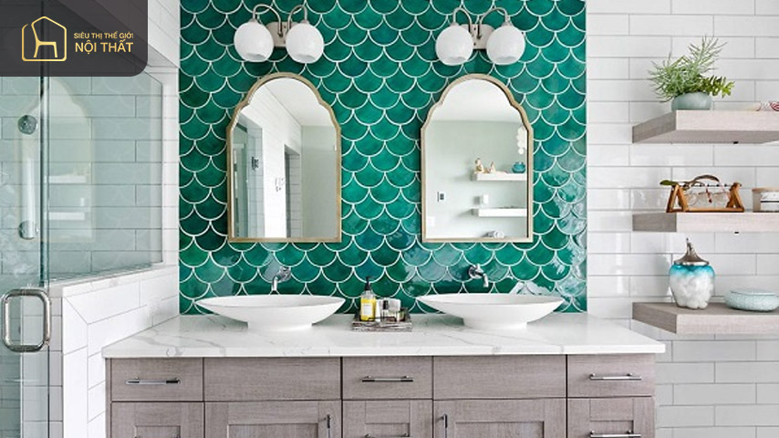 25+ Mẫu gạch vảy cá trang trí đẹp nhất hiện nay 9 Mẫu gạch vảy cá màu xanh kết hợp tủ bếp tạo sự hài hòa, đồng bộ