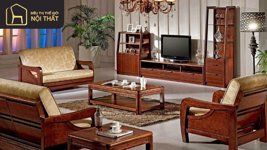 Bộ bàn ghế gỗ công nghiệp kết hợp kệ tủ và kệ TV đặt trong phòng khách Bộ bàn ghế gỗ công nghiệp kết hợp kệ tủ và kệ TV đặt trong phòng khách