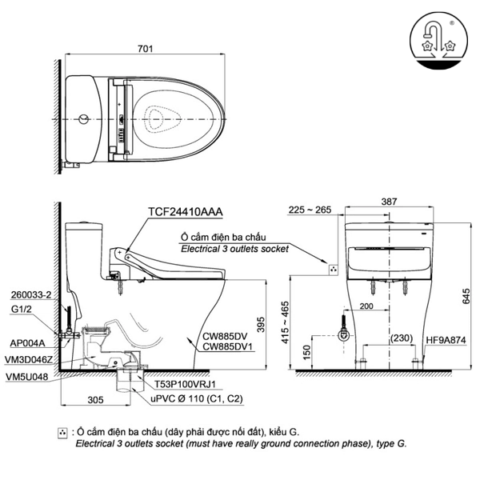 Bàn cầu một khối kèm nắp rửa điện tử WASHLET dòng C5