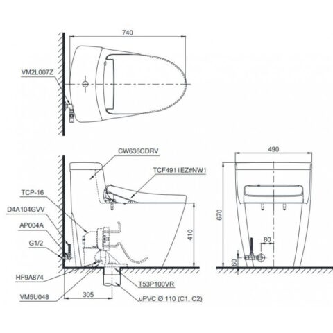 Bàn cầu một khối, kèm nắp rửa điện tử WASHLET dòng S7 - TCF4911EZ (220V)