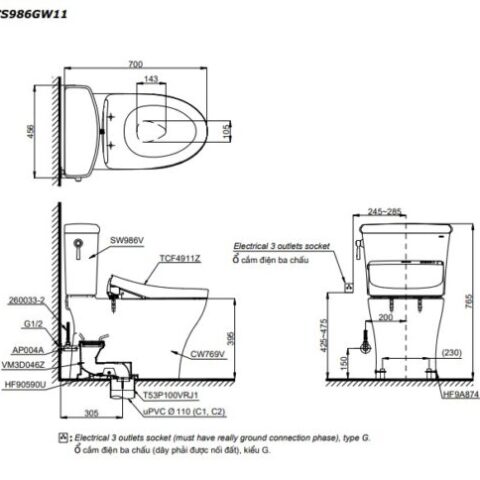 Bàn cầu hai khối kèm nắp rửa điện tử WASHLET dòng S7