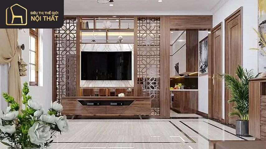 Vách ngăn phòng khách bằng gỗ sang trọng và tinh tế giúp không gian thêm phần nhẹ nhàng, đậm tính thẩm mỹ Vách ngăn phòng khách bằng gỗ sang trọng và tinh tế giúp không gian thêm phần nhẹ nhàng, đậm tính thẩm mỹ