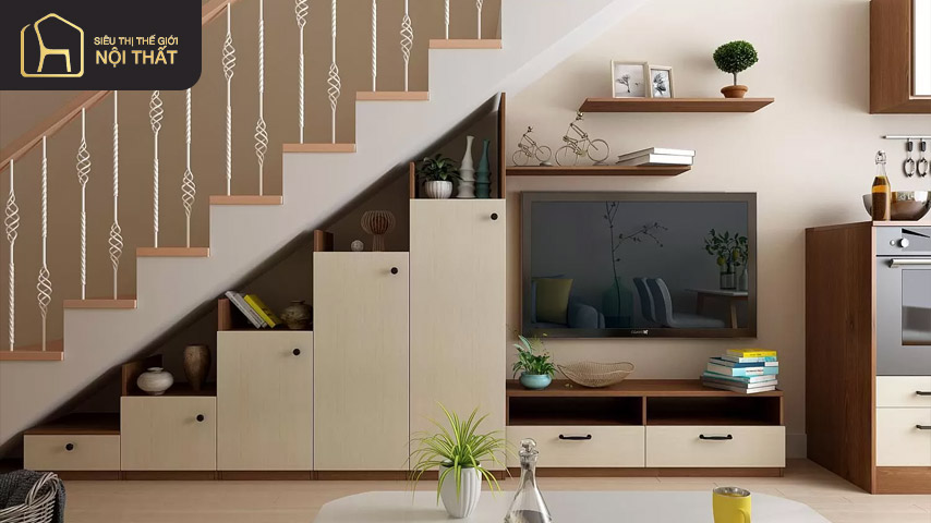 Nên chọn màu sắc và chất liệu tủ chân cầu thang đồng bộ với màu sắc của tổng thể không gian Nên chọn màu sắc và chất liệu tủ chân cầu thang đồng bộ với màu sắc của tổng thể không gian