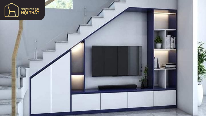 Mẫu tủ dưới chân cầu thang dùng làm tủ TV phong cách hiện đại Mẫu tủ dưới chân cầu thang dùng làm tủ TV phong cách hiện đại