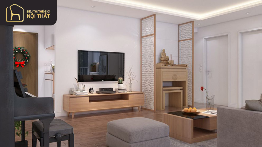 Tổng hợp những cách phối cảnh phòng khách đẹp 4 Phối cảnh phòng khách kết hợp phòng thờ vừa tạo được tính thẩm mỹ vừa giữ được tính trang nghiêm nơi thờ cúng