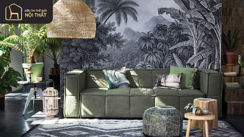 Phong cách tropical trong thiết kế nội thất dành cho kiến trúc nhà ở hiện đại 3 Bố trí tranh sơn dầu ở không gian phòng khách đầy sang trọng ở phong cách tropical